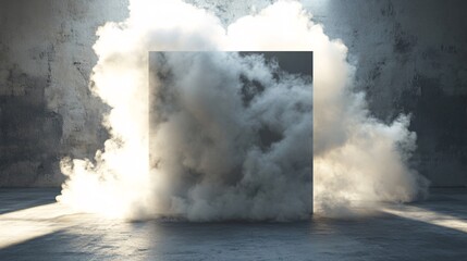 Aufkleber - A mysterious black cube surrounded by swirling gray smoke in a dimly lit space.