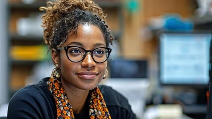 Poster - A woman with curly hair and glasses is seated at her desk, focused on her work. Surrounded by computer screens and office materials, she appears engaged in her tasks during the day.
