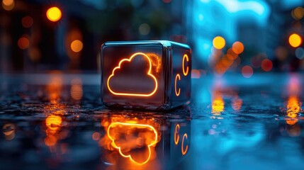 Poster - A glowing cloud icon on a reflective surface, symbolizing digital storage and connectivity.