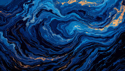 Wall Mural - Swirling waves of deep blue and gold paint , creating a mesmerizing abstract pattern reminiscent of ocean currents or geological formationsSwirling waves of deep blue and gold paint , creating a mesme