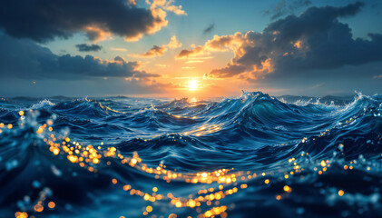 Wall Mural - A dramatic seascape with crashing waves and a vibrant sunset sky. The ocean is depicted with shimmering blue and white waves, and the sky is filled with colorful clouds and a glowing sun. The overall.