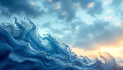 Wall Mural - Dramatic blue and white clouds against a sunset sky , with swirling, flowing shapes and textures.