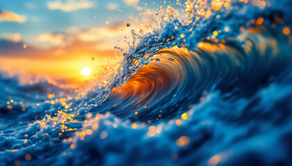 Wall Mural - A large, powerful ocean wave crashing at sunset, with the sun's rays peeking through the water and creating a vibrant, golden glow. The wave is filled with splashing water droplets and bubbles, creati