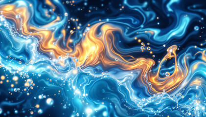 swirling cosmic clouds of blue and orange gas with glowing stars and nebulae, creating a vibrant and