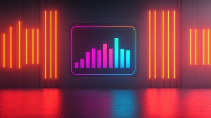 Poster - Futuristic neon sign displaying growing bar chart in digital market analysis dashboard