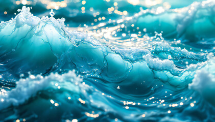 Wall Mural - Crashing ocean waves with water splashing and sparkling in the sunlight against a bright blue sky with clouds.