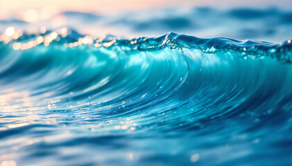 Wall Mural - A large, crashing wave with vibrant blue-green color and white foam, set against a blurred, hazy background.