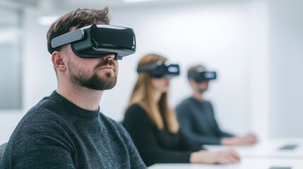 Poster - Students using virtual reality headsets in modern classroom for training