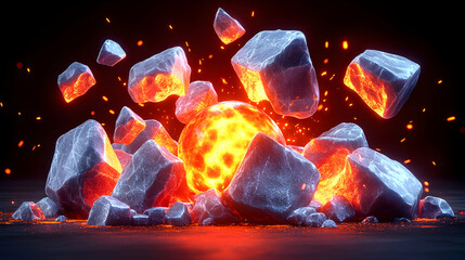 Glowing sphere exploding amidst fiery, fractured rocks.