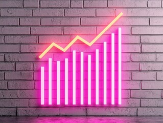 Poster - Neon pink growth chart bars with increasing yellow line showing growth strategy on brick wall