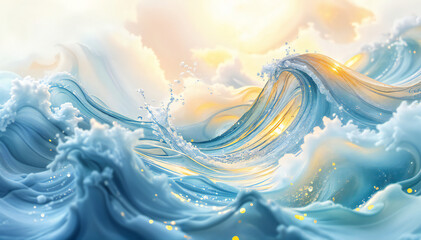 Wall Mural - A large crashing wave with swirling blue and white water, against a warm orange and yellow sky background.