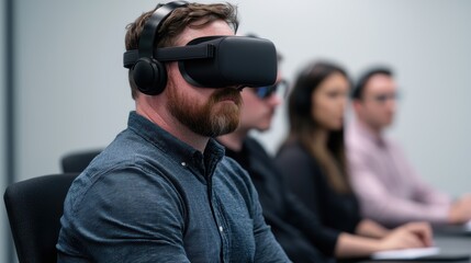 Poster - Businessman wearing vr headset experiencing virtual reality training
