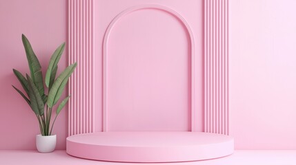 Poster - Pink podium displaying products with green plant and arch in modern interior