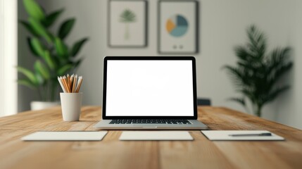 Poster - Open laptop showing white screen on wooden desk in home office