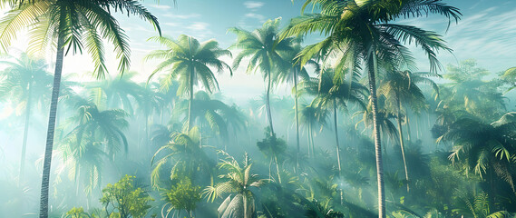 Wall Mural - jungle in the fog, palm trees in the morning, haze in the jungle, palm trees in the haze, 3d renderi