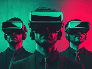 Poster - Businessmen wearing vr headsets exploring metaverse and experiencing virtual reality
