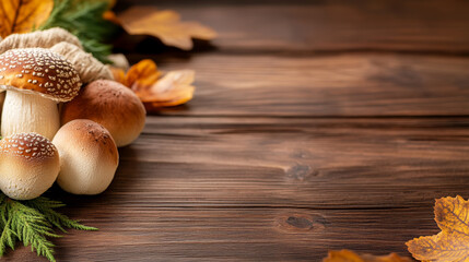 Poster - fresh mushrooms and autumn leaves arranged on a rustic wooden table in a warm, inviting setting