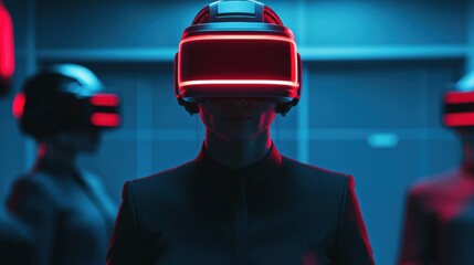 Poster - Businesswoman wearing futuristic vr headset with red neon light in high-tech environment