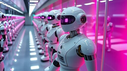 Poster - Robots in a futuristic environment with neon lights and advanced technology