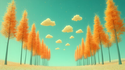 Wall Mural - Surreal autumn landscape with orange trees and fluffy clouds.