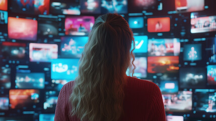Poster - person analyzes multiple digital screens displaying vibrant content in a modern workspace