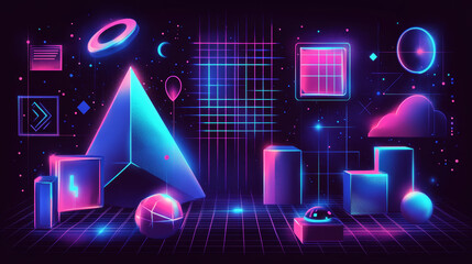 Poster - Futuristic digital landscape with geometric shapes and vibrant neon colors in a creative abstract setting