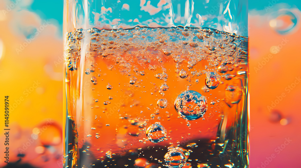 The effervescent bubbles of a sparkling soda, rising quickly in a clear ...