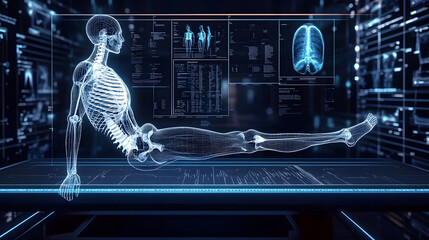 Poster - How science and technology are making progress, shown by a picture of a body scan with an x-ray of the bones.low poly digital wireframe.