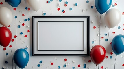 Wall Mural - Empty black frame surrounded by red, white, and blue balloons with scattered confetti on a festive white background, flat lay photography for celebration concepts.

