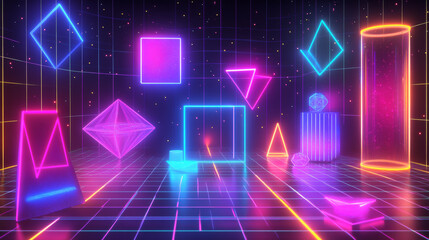 Poster - vibrant neon geometric shapes illuminate a digital space filled with colorful light patterns