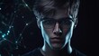 © Leopard - Young Man With Glasses and Intense Gaze Against a Dark Background Enhanced by Futuristic Light Effects in a Studio Setting