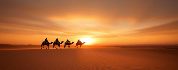 bedouins riding camels during sunset in sahara desert, creating a scenic view of traditional desert 