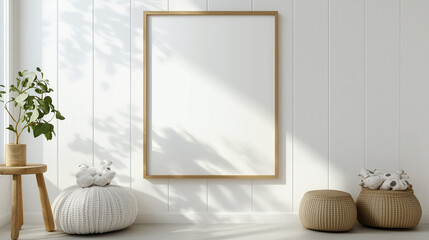 Poster - elegant interior design showcasing a minimalist space with a blank frame and soft natural light in a
