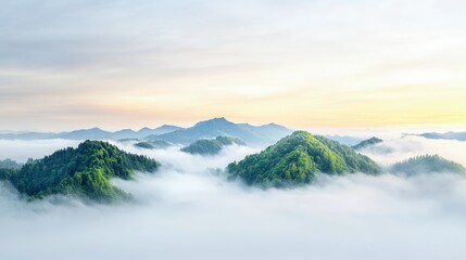 Sticker - Serene sunrise over misty green mountains.