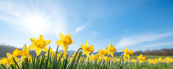 bright yellow daffodils blooming in a vibrant spring meadow, basking under the warm sun and clear bl
