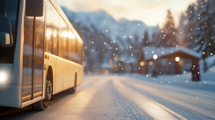 Wall Mural - White bus navigating snow-covered mountain road during sunset, soft winter illumination blurring scenic landscape