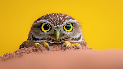 Small owl with yellow eyes is peeking out from behind a pile of dirt. The image has a playful and curious mood, as the owl seems to be looking at the viewer