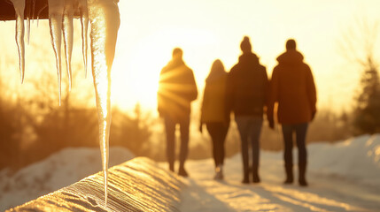 Wall Mural - crystalline icicles suspended from roof edge, blurring snow-covered pathway with distant silhouettes