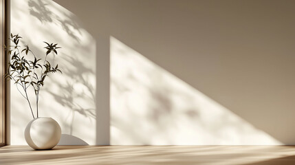 Poster - natural light casts soft shadows on a minimalist interior with a vase and plants during afternoon su