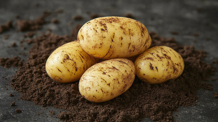 Potato freshly dug from ground, soil and dirty root vegetable, raw agriculture produce from field, organic farm food plant.