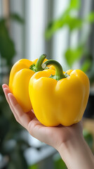 Poster - bright yellow bell peppers held in a hand against a green background on a sunny day