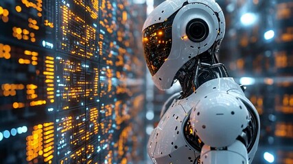 Poster - Advanced robotic figure in a futuristic digital environment with glowing data displays