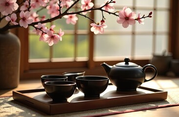 Japanese tea party. Traditions of the East. Table with teapot and ceramic cups. Branches with sakura flowers