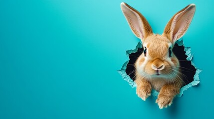 A rabbit is peeking out of a hole in a blue background. The rabbit is looking at the camera and he is curious about what is on the other side of the hole