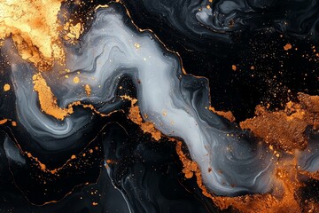 Poster - A grunge-textured black and gold marble design wallpaper, featuring an acrylic and oil paint flow contemporary backdrop, mimicking a cut marble stone.