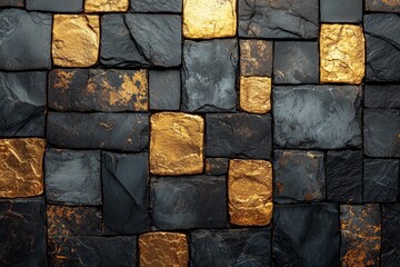 Poster - A contemporary wallpaper with an abstract geometric pattern and marble mosaic inlay, complemented by mixed wall tiles with artificial stone textures and a shiny metallic finish.