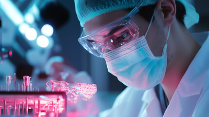 Poster - scientist conducts advanced research in laboratory with glowing equipment and high-tech tools