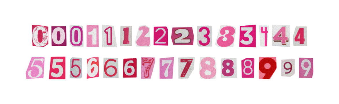 cut-out cute pink numbers set from magazines on a transparent background, barbiecore aesthetics
