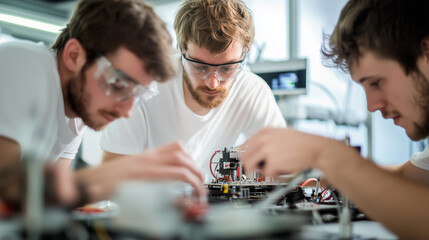 Poster - engineers collaborate on electronic project in a modern workspace during the daytime