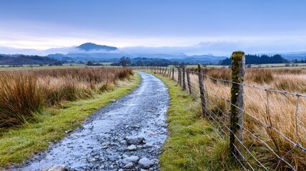 Canvas Print - Scenic rural path winding through grassy field, fence alongside, misty mountains in background.